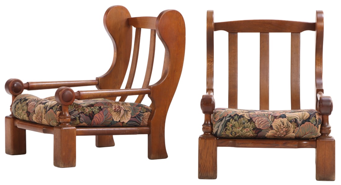 PAIR OF FRENCH OAK LOUNGE CHAIRS WITH LOOSE CUSHIONS AND TURNED ELEMENTS C 1960. (1 of 6)
