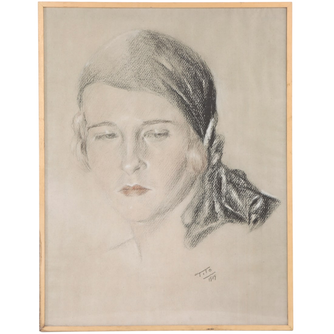 A SALON SIZE MIXED MEDIA DRAWING OF A WOMAN, SIGNED TITO AND DATED 1929.: A salon size mixed media drawing of a woman, signed Tito and dated 1929. Possibly the work of Tito Ettore (Italian, 1859 - 1941) Interior- Ht: 67", Wd: 51.5" Ht: 69" Wd: 53.25"