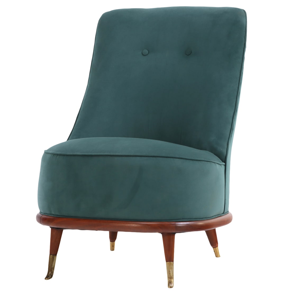 MAHOGANY AND BRASS BOUDOIR CHAIR BY ENGLANDER AND BONTA C 1950 HAVING NEW FABRIC, (1 of 6)