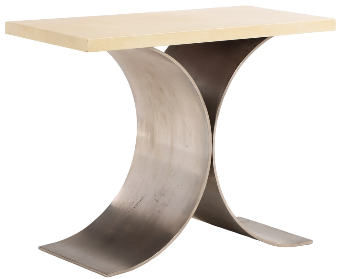 STAINLESS STEEL AND PARCHMENT COVERED CONSOLE TABLE IN THE MANNER OF MICHEL BOYER C 1975. (1 of 5)