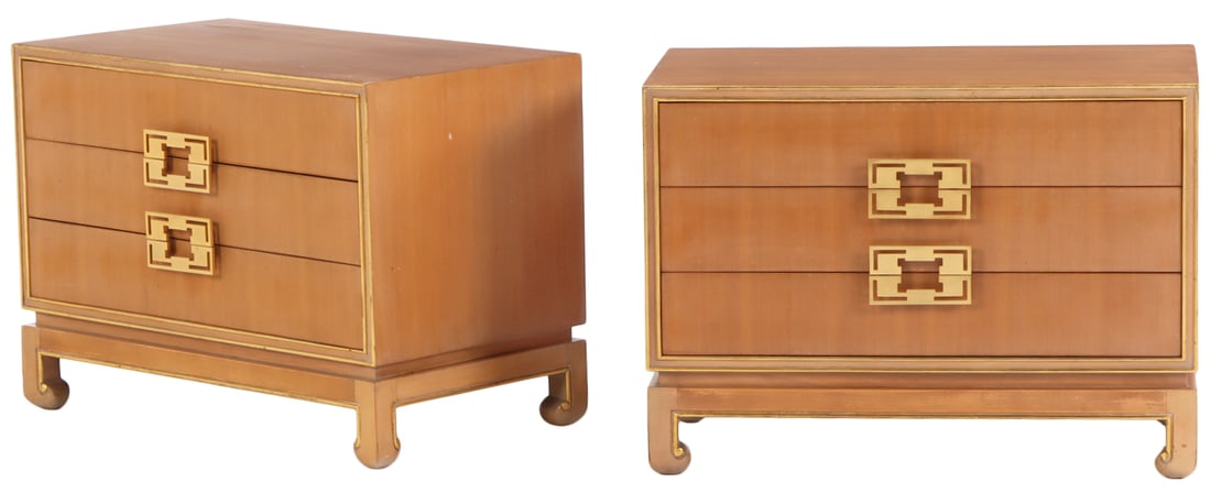 PAIR MAHOGANY AND BRASS TWO DRAWER NIGHT STANDS IN THE MANNER OF JAMES MONT C 1950. (1 of 5)