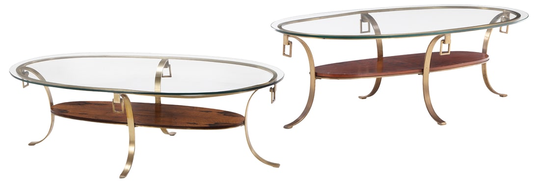 PAIR OF OVAL BURL WALNUT, BRASS AND GLASS COFFEE OR END TABLES C 1960.: Pair of oval burl walnut, brass and glass coffee or end tables C 1960. Ht: 17" Wd: 53.25" Dpth: 28"