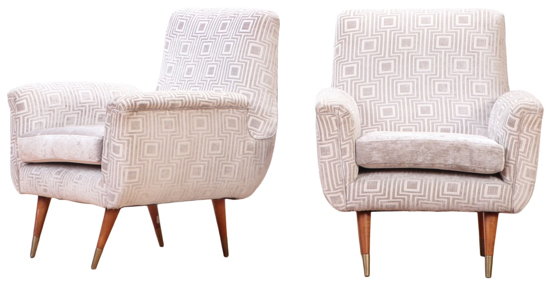 PAIR UPHOLSTERED LOUNGE CHAIRS C 1950 HAVING RECENT FABRIC WITH A GEOMETRIC PATTERN. (1 of 7)