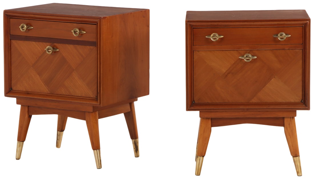 PAIR OF NIGHT STANDS HAVING A SINGLE DRAWER OVER A FALL FRONT DOOR, CRISS CROSS PATTERN VENEER AND (1 of 4)