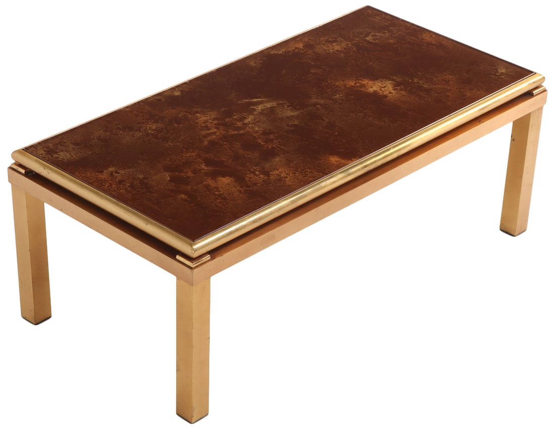 GUY LEFEVRE FRENCH BRASS COFFEE TABLE WITH FAUX MARBLE GLASS TOP C 1960. (1 of 5)