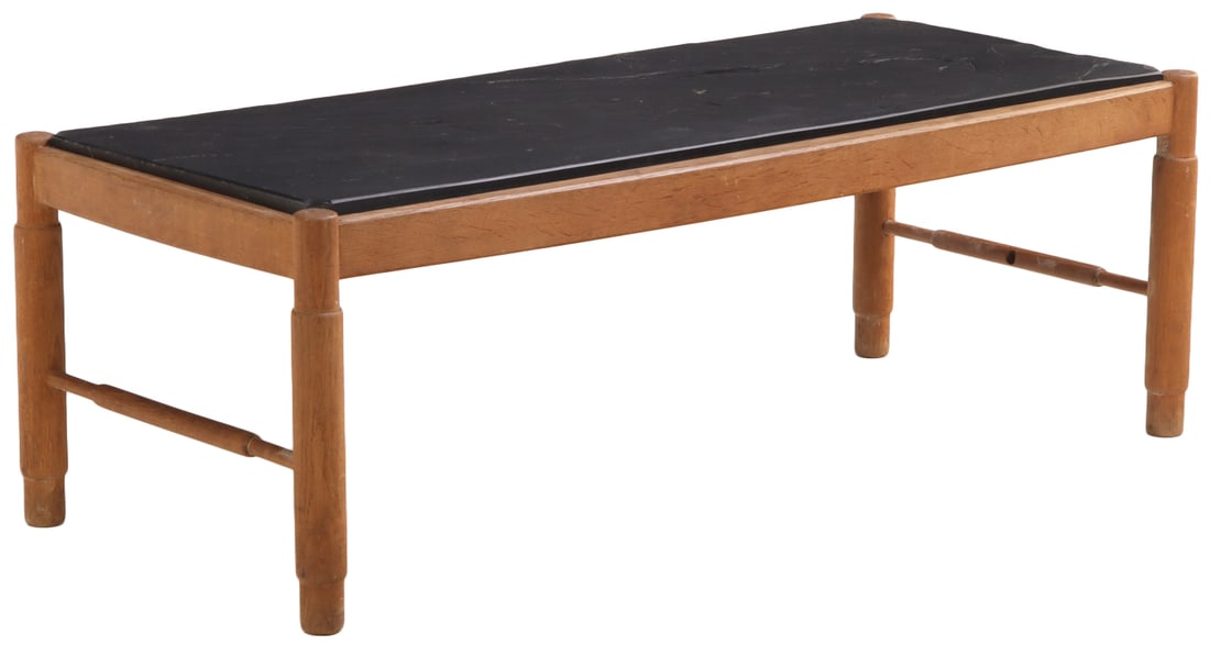 FRENCH OAK AND SLATE TOP COFFEE TABLE C 1960.: French oak and slate top coffee table C 1960. Ht: 17" Wd: 49.5" Dpth: 22.25"