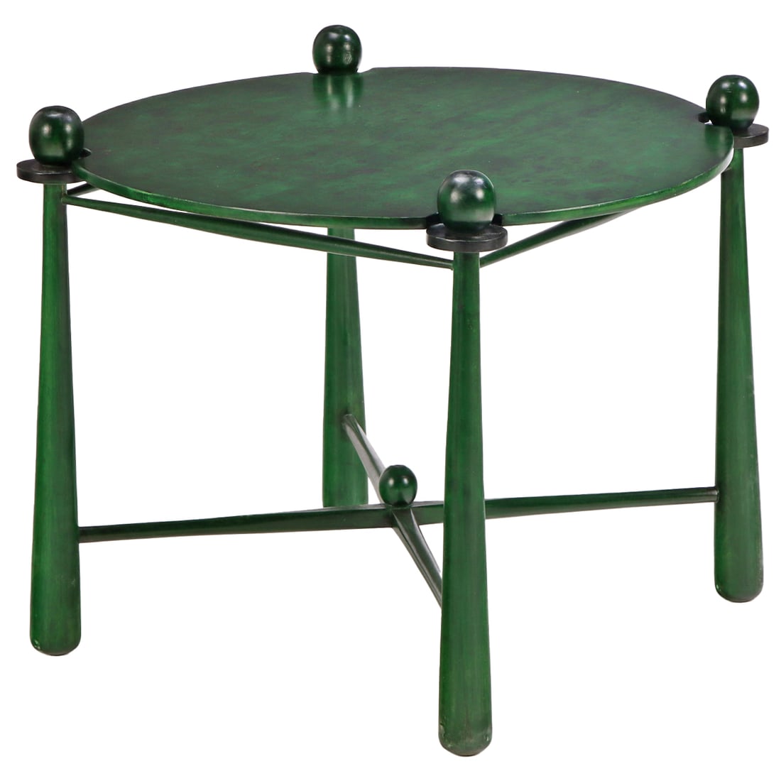 A BURL WOOD GAMES TABLE IN THE MANNER OF JEAN ROYERE HAVING A GREEN TINTED FINISH.: A burl wood games table in the manner of Jean Royere having a green tinted finish. Ht: 30" Wd: 35.5" Dpth: 35.5"
