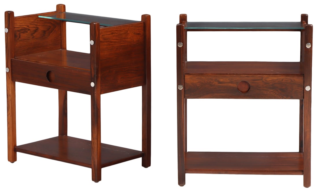 PAIR BRAZILIAN ROSEWOOD "YARA" END TABLES BY SERGIO RODRIGUES.: Pair Brazilian rosewood "Yara" end tables by Sergio Rodrigues. Ht: 25.5" Wd: 20.5" Dpth: 13"