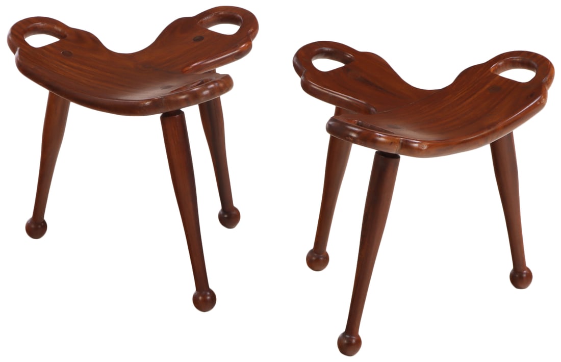 PAIR OF THREE LEG STOOLS IN BRAZILIAN MAHOGANY.: Pair of three leg stools in Brazilian mahogany. Ht: 17.5" Wd: 19.75" Dpth: 17" Seat: 15"