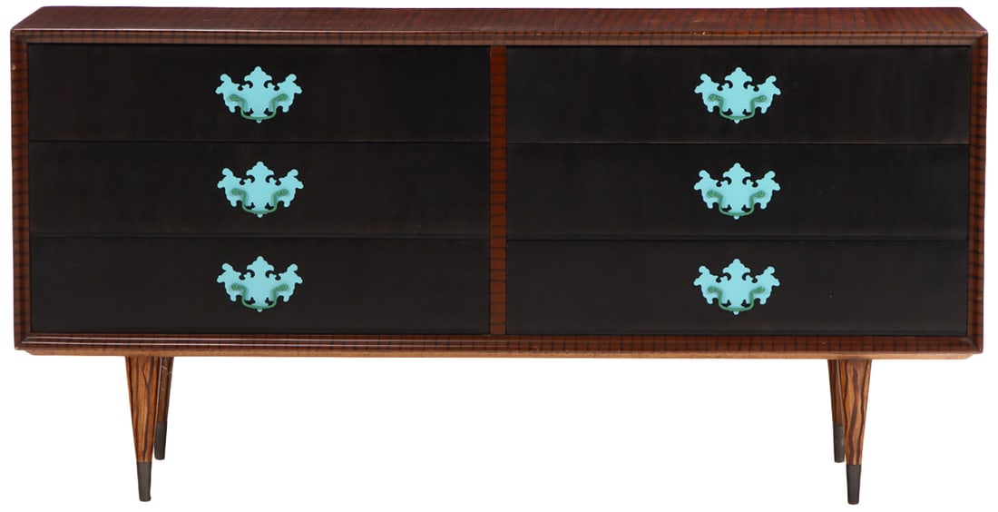 A MACASSAR MID CENTURY MODERN SIX DRAWER DRESSER HAVING CUSTOM HARDWARE BY DOUG MEYER.: A macassar mid century modern six drawer dresser having custom hardware by Doug Meyer. Ht: 29.5" Wd: 59" Dpth: 17.5"