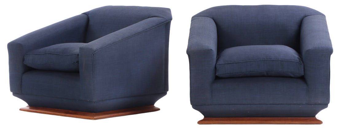 PAIR OF UPHOLSTERED ITALIAN LOUNGE CHAIRS C 1955 HAVING A WOODEN PLATFORM BASE AND NEW FABRIC. (1 of 6)