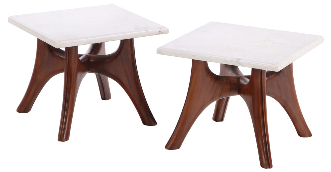 PAIR OF ITALIAN MAHOGANY MARBLE TOP END TABLES C 1960.: Pair of Italian mahogany marble top end tables C 1960. Ht: 13" Wd: 15.75" Dpth: 14.75"