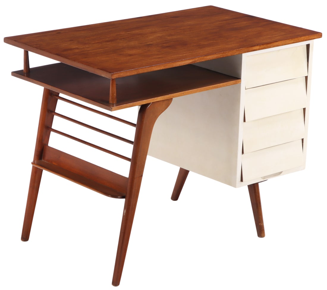 ITALIAN WOOD AND PARCHMENT COVERED WRITING DESK HAVING CANTILEVERED DRAWERS C 1950. (1 of 6)