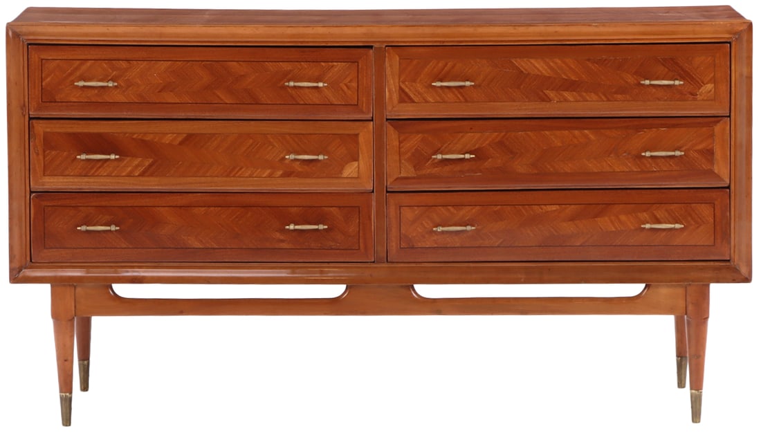 MAHOGANY SIX DRAWER DRESSER HAVING RADIAL VENEER DESIGN C 1955. (1 of 6)