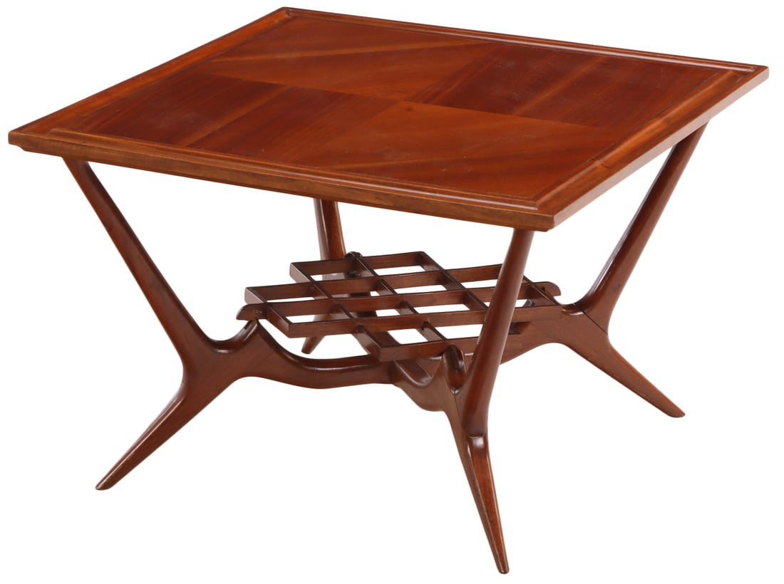 MAHOGANY COFFEE TABLE WITH INTRICATE STRETCHER C 1950 (1 of 6)
