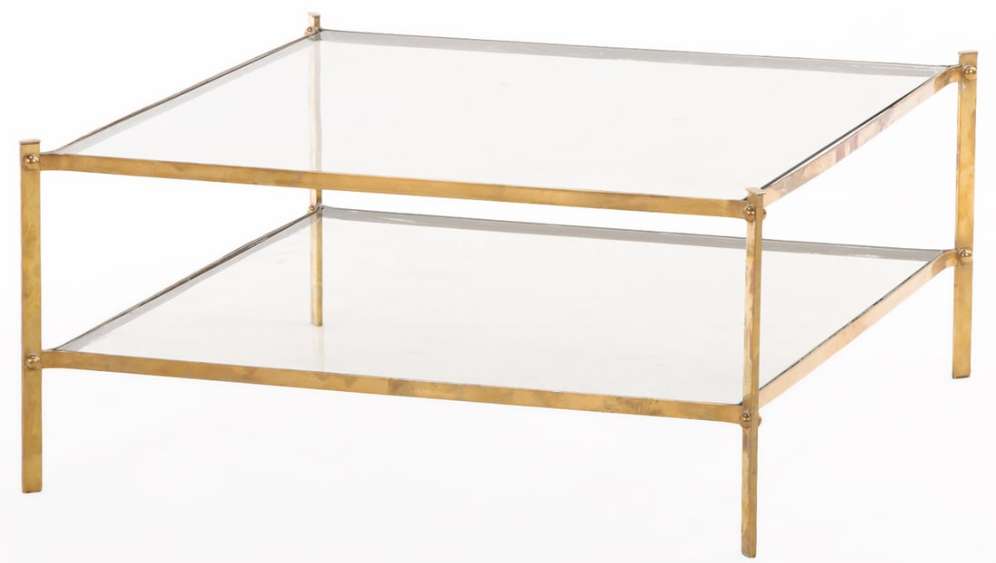 BRASS AND GLASS COFFEE TABLE WITH PINCHED CORNERS C 1970. (1 of 5)