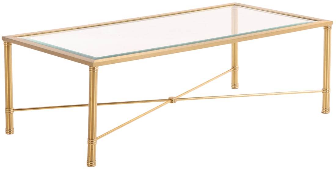 BRASS AND BEVELED GLASS COFFEE TABLE WITH X STRECHER C 1970. (1 of 5)
