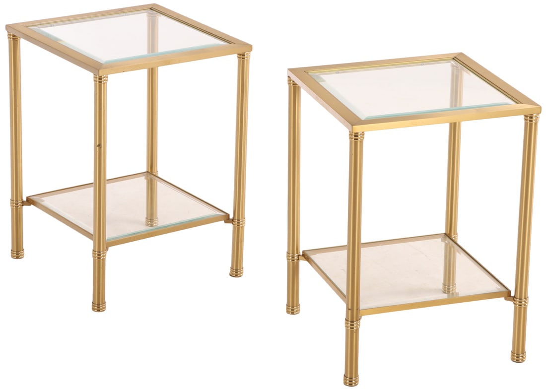 PAIR OF BRASS AND BEVELED GLASS TWO TIER END TABLES C 1970. (1 of 6)
