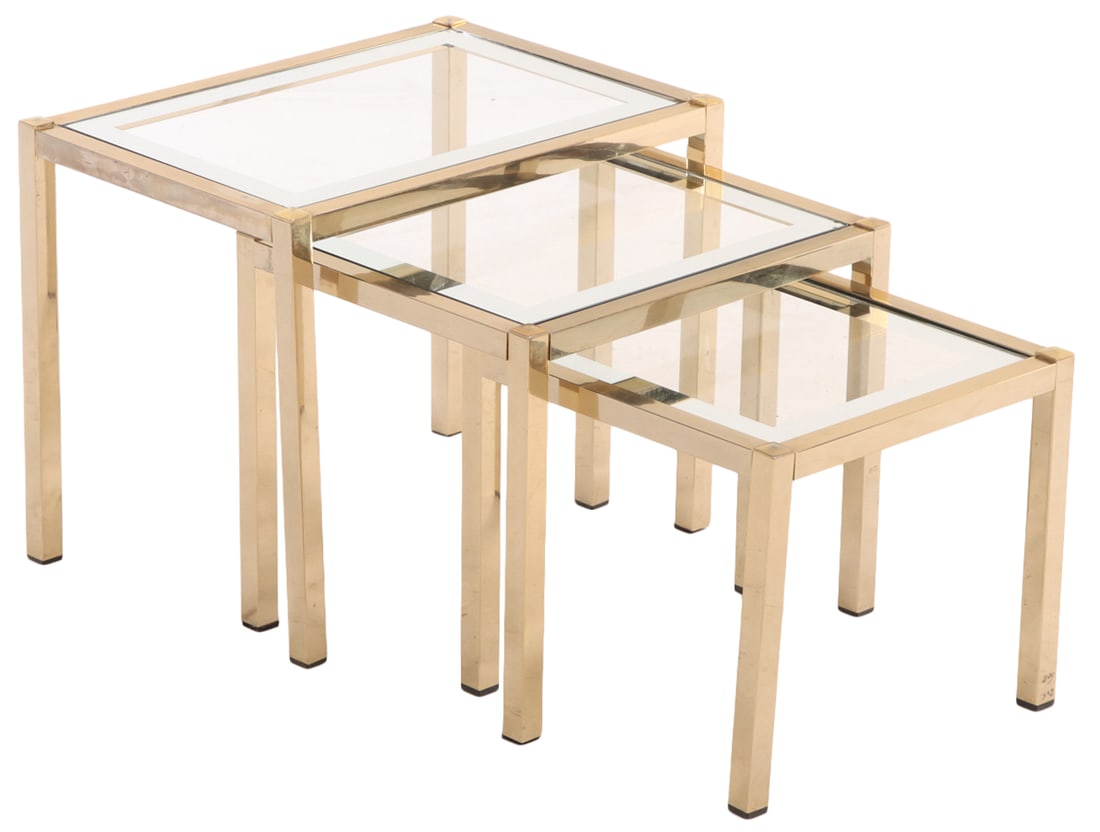 FRENCH BRASS AND SILVERED GLASS NEST OF TABLES C 1970.: French Brass and silvered glass nest of tables C 1970. Middle table- Ht: 15", Wd: 18", Dpth: 14.75". Low table- Ht: 13", Wd: 14.75", Dpth: 14.75". Ht: 17" Wd: 21" Dpth: 14.75"