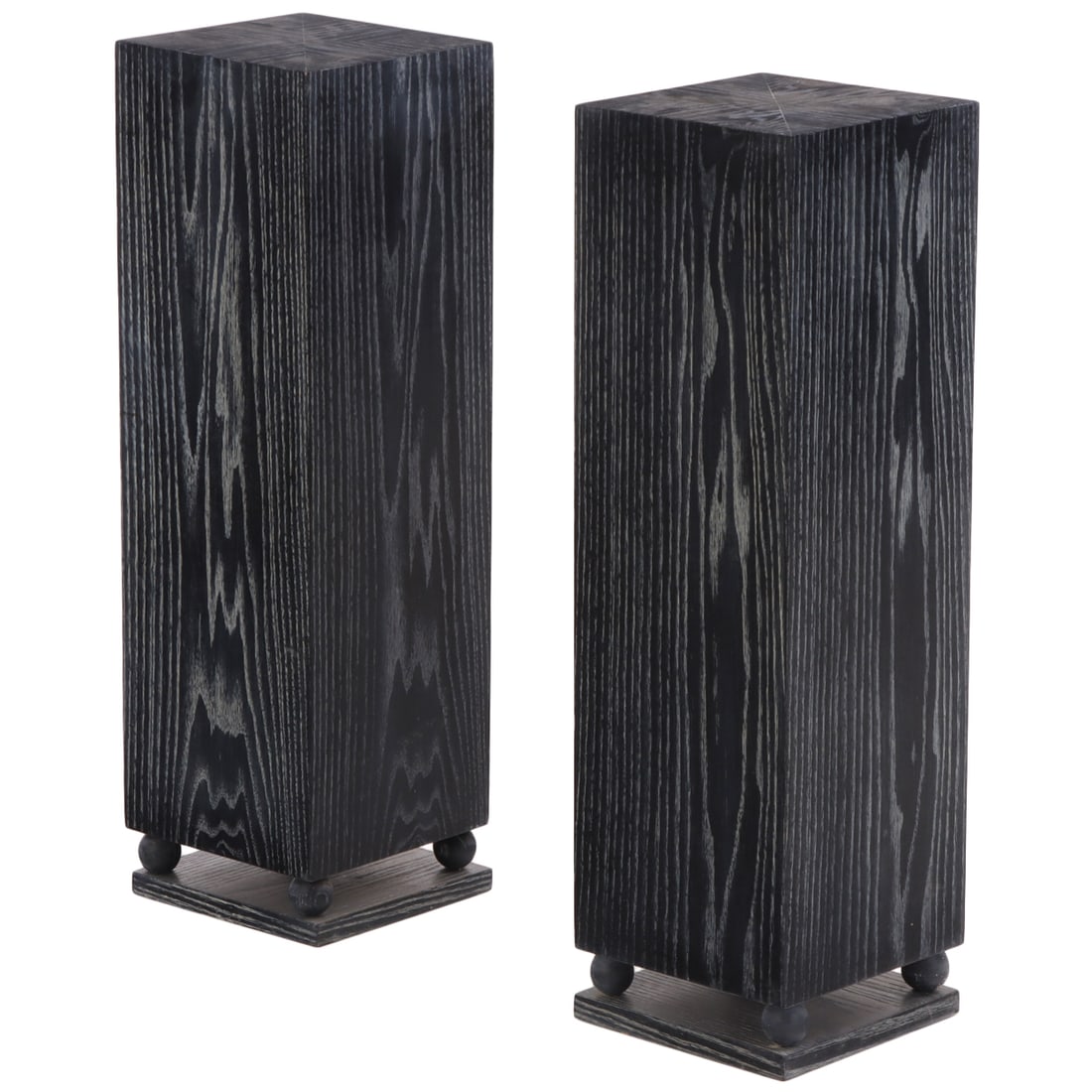 PAIR OF DARK CERUSED OAK PEDESTALS RESTING ON BALL FEET.: Pair of dark cerused oak pedestals resting on ball feet. Ht: 39.5" Wd: 12" Dpth: 12"