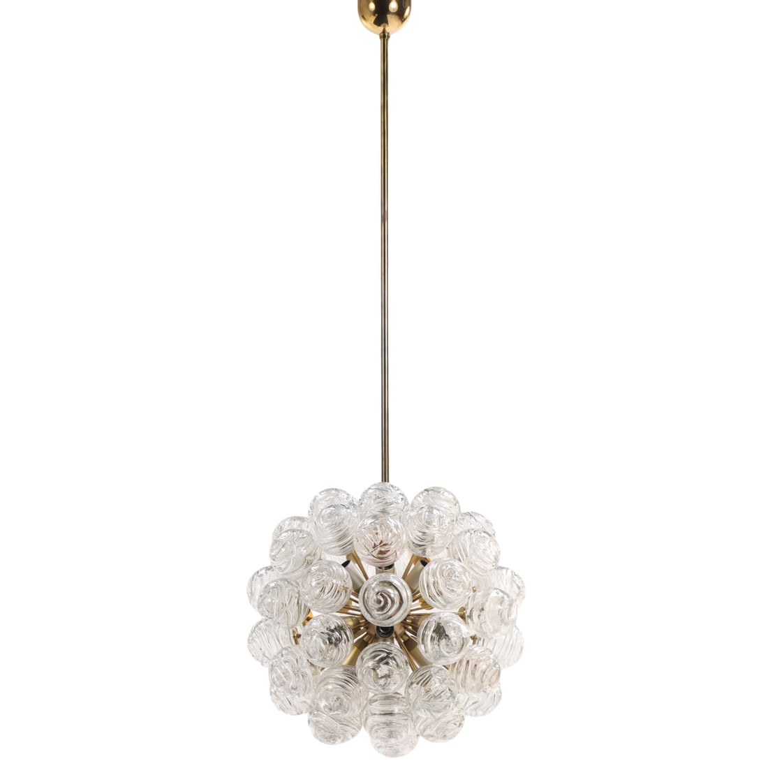 METAL AND GLASS CHANDELIER HAVING TEXTURED GLASS BALLS MADE BY DORIA LEUCHTEN C 1970. (1 of 5)