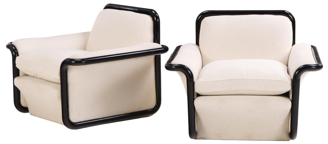 PAIR OF EBONIZED WOOD LOUNGE CHAIRS WITH FLARED ARMS HAVING NEW FABRIC C 1980. (1 of 6)