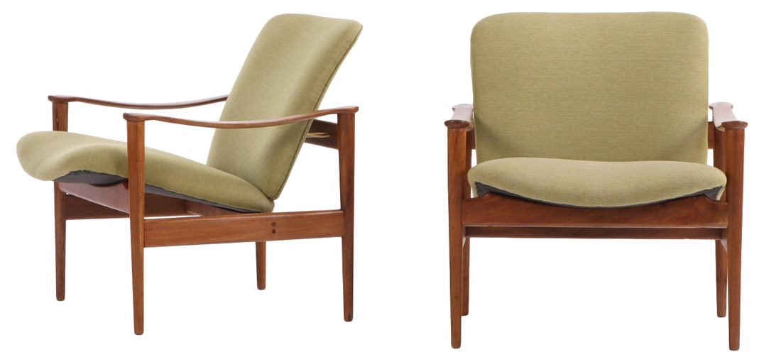 PAIR MAHOGANY OPEN ARM CHAIRS IN THE MANNER OF FINN JUHL C 1955 HAVING NEW FABRIC, (1 of 6)