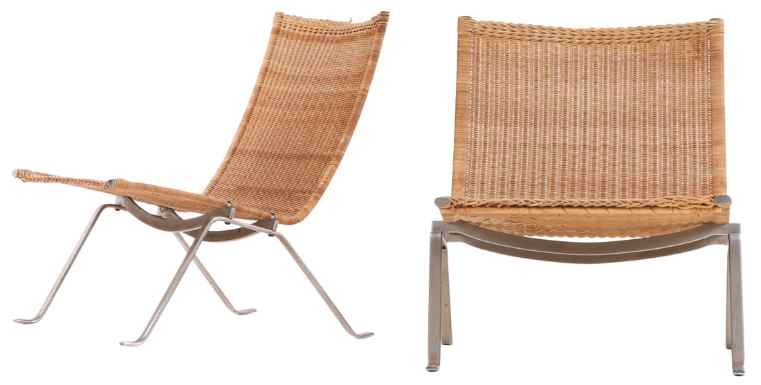 PAIR OF PAUL KJAERHJOLM STEEL AND WICKER PK 22 CHAIRS. (1 of 8)