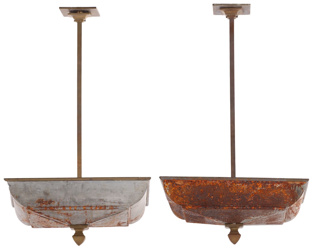 A PAIR OF NEOCLASSICAL STYLE IRON CHANDELIERS WITH BRONZE STEMS AND FINIALS. (1 of 5)