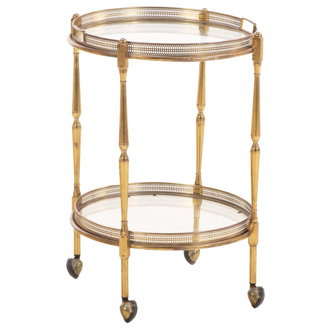 ROUND FRENCH GILT METAL AND GLASS BAR CART HAVING TWO REMOVABLE SERVING TRAYS C 1970. (1 of 7)