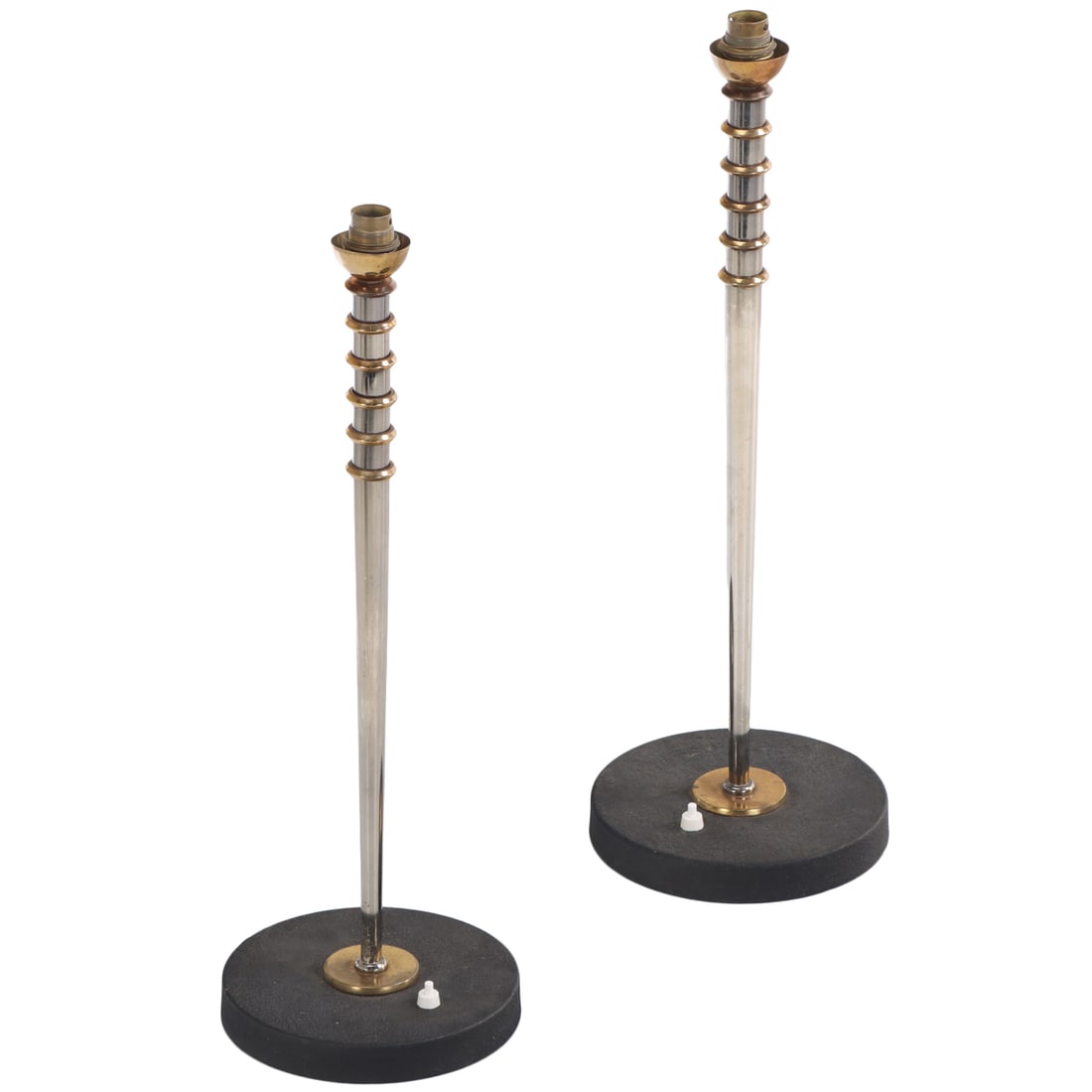 PAIR OF FRENCH STEEL AND BRONZE TABLE LAMPS IN THE MANNER OF LELEU C 1950 (1 of 5)