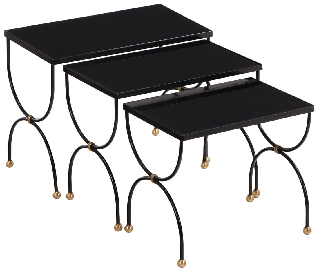 FRENCH IRON AND BLACK GLASS NEST OF TABLES C 1950 IN THE MANNER OF JEAN ROYERE RESTING ON BRONZE (1 of 5)
