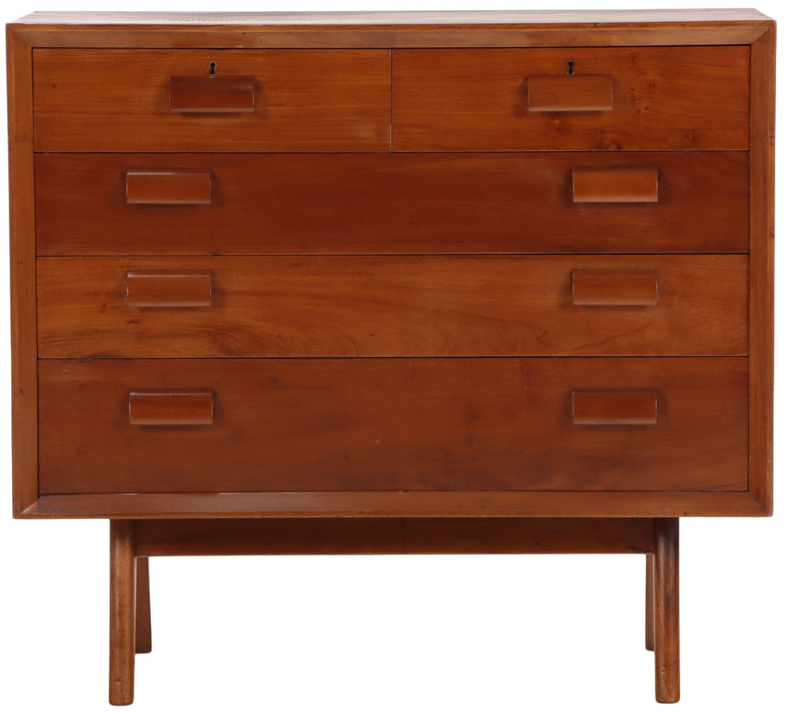 FIVE DRAWER BRUTALIST STYLE MAHOGANY DRESSER WITH WOOD HANDLES. (1 of 5)
