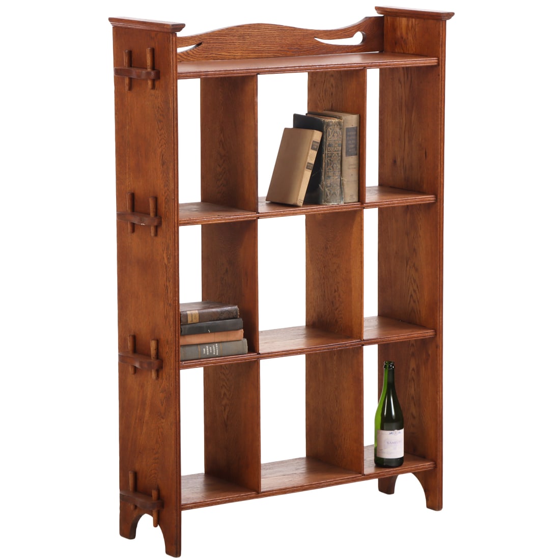 FRENCH OPEN OAK BOOKCASE HAVING MORTIS AND TENIN CONSTRUCTION C 1940. (1 of 4)