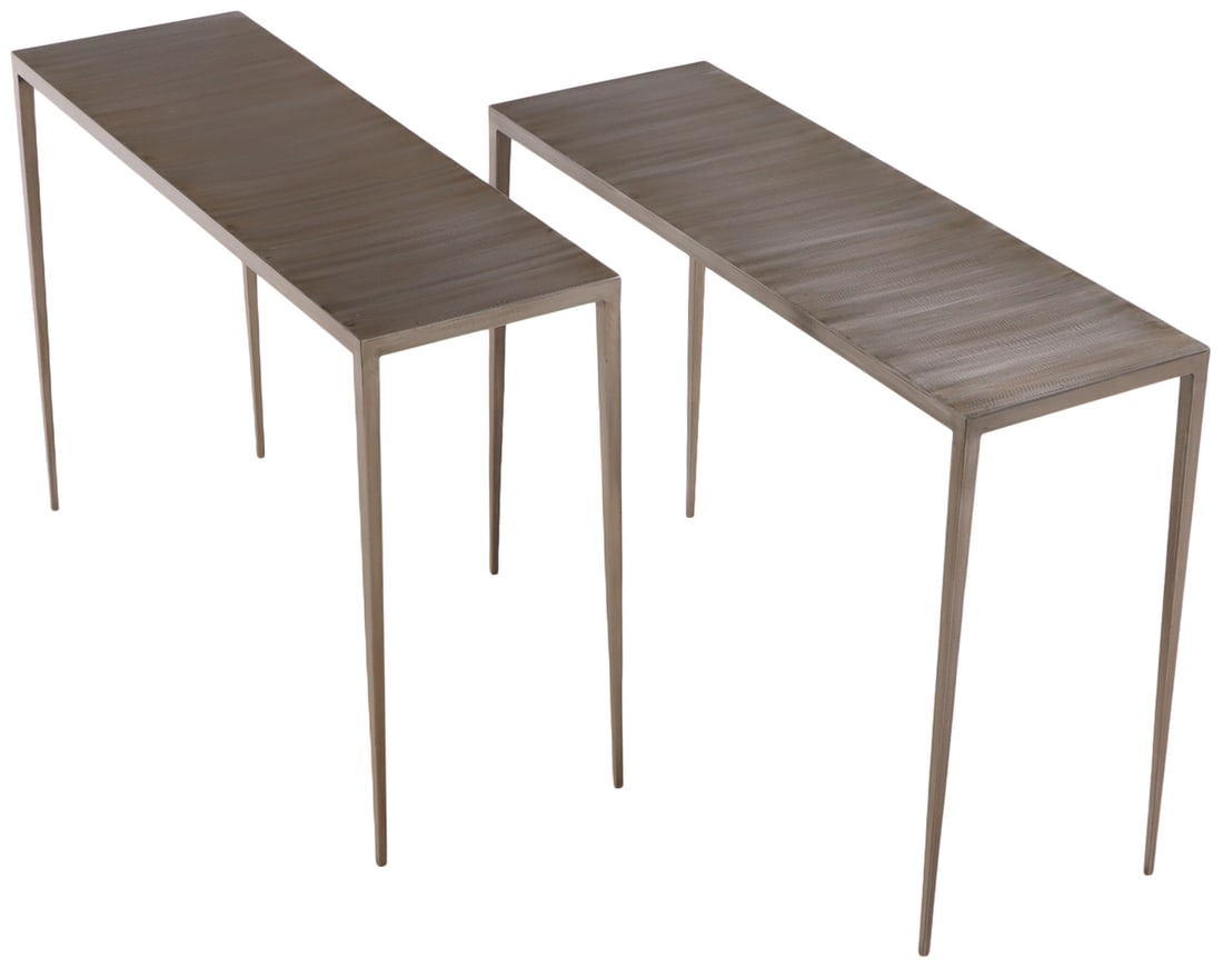 PAIR BRUSHED IRON CONSOLE TABLES IN THE MANNER OF JEAN-MICHEL FRANK (1 of 5)