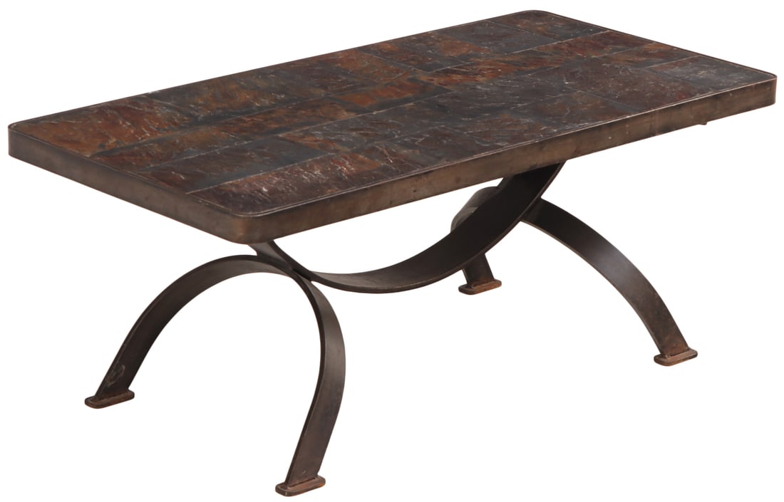 FRENCH BRUTALIST STYLE IRON AND SLATE COFFEE TABLE C 1950. (1 of 4)