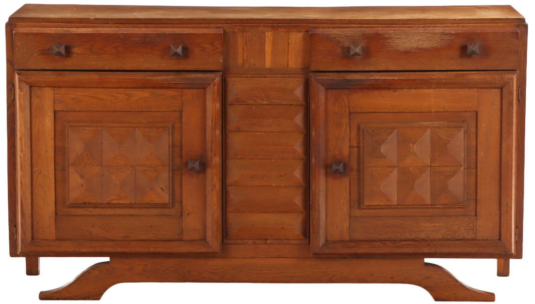 FRENCH OAK SIDEBOARD HAVING TWO DRAWERS OVER TWO DOORS WITH DIAMOND PATTERN C 1940. (1 of 5)