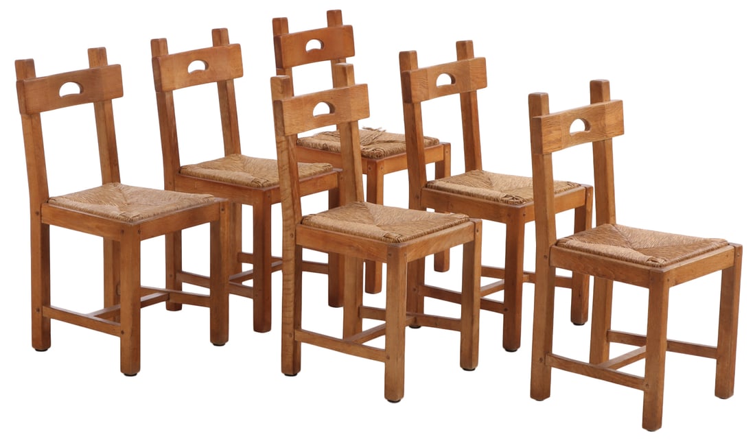SIX FRENCH OAK AND RUSH DINING CHAIRS C 1945. (1 of 8)