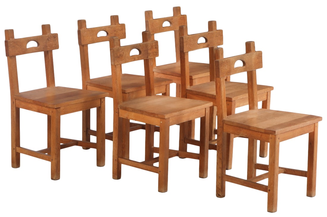 SIX BELGIAN OAK BRUTALIST STYLE DINING CHAIRS WITH WOOD SEATS C 1950.: Six Belgian oak Brutalist style dining chairs with wood seats C 1950. Ht: 34" Wd: 19.25" Dpth: 18.5" Dia: 18.5"