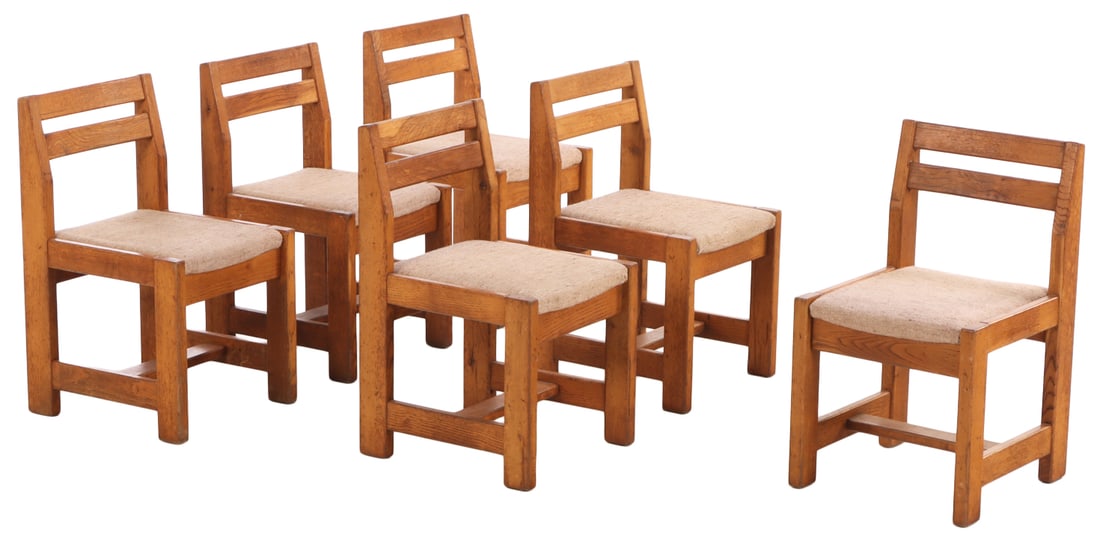 SIX HEAVY HIGH QUALITY FRENCH OAK AND UPHOLSTERED DINING CHAIRS C 1940. (1 of 6)