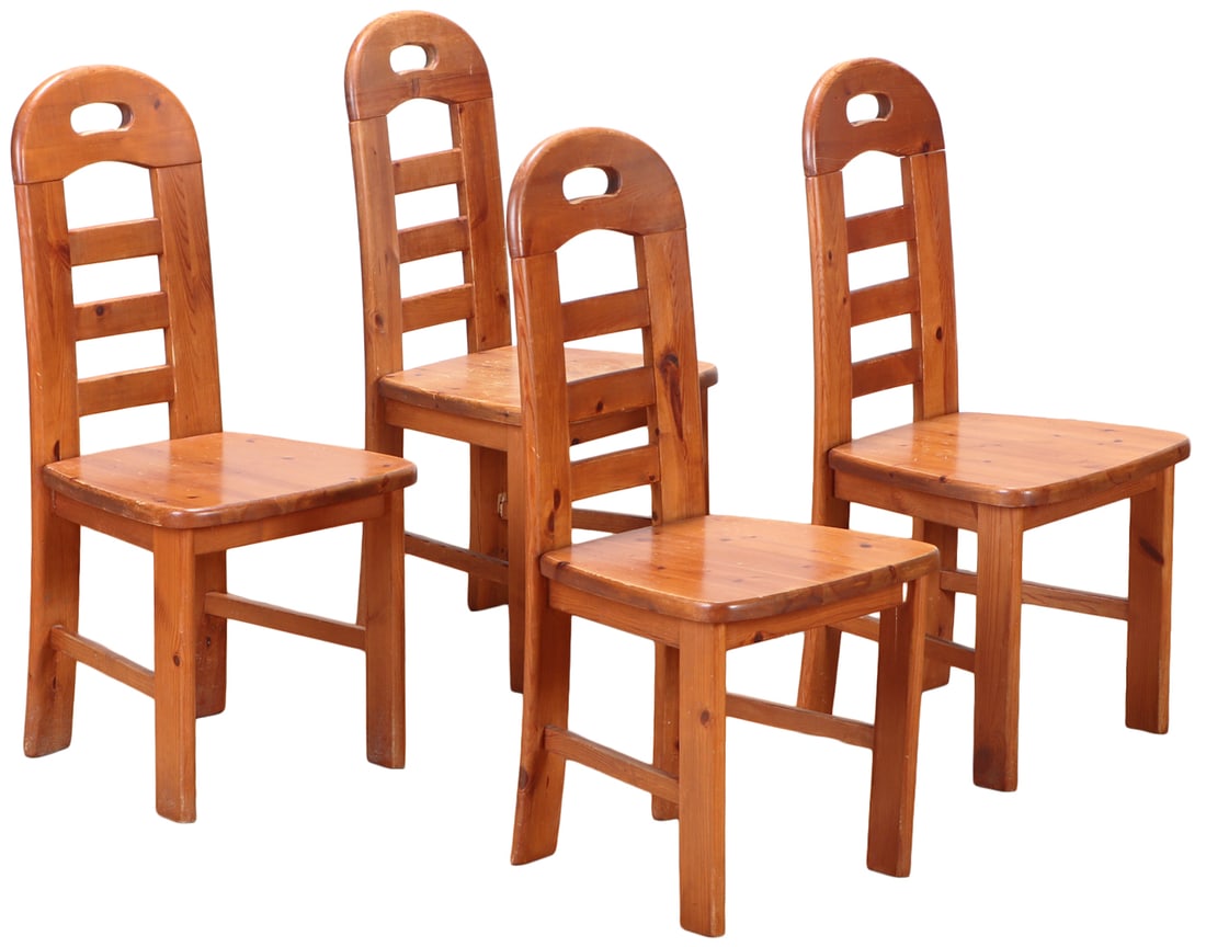 FOUR BELGIAN PINE ARCHED TOP SLAT BACK DINING CHAIRS C 1975.: Four Belgian pine arched top slat back dining chairs C 1975. Ht: 39.5" Wd: 17.5" Dpth: 20" Seat: 18"