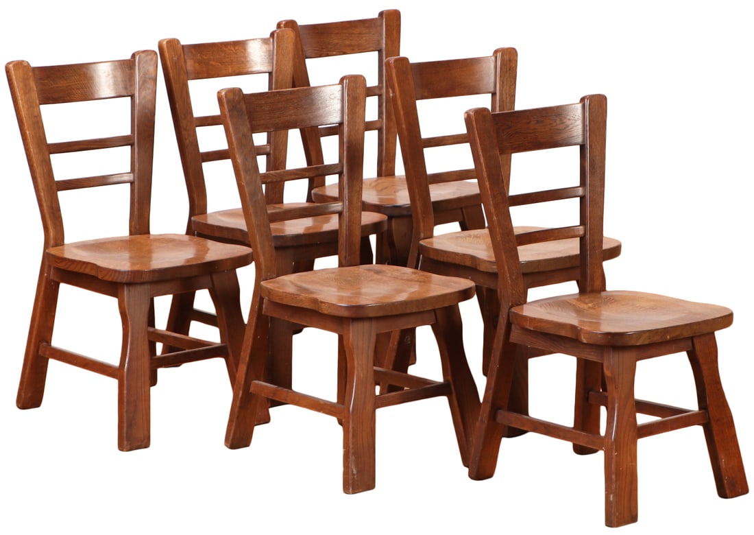 SIX PLANK SEAT BELGIAN OAK DINING CHAIRS C 1955. (1 of 7)