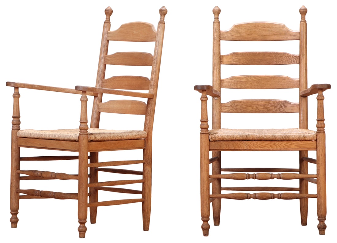 PAIR OF FRENCH TURNED OAK AND RUSH ARM CHAIRS C 1950. (1 of 9)