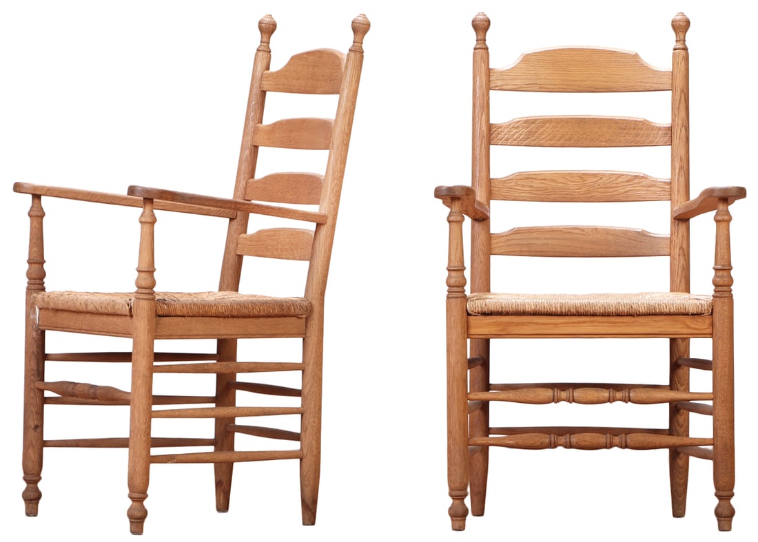 PAIR OF FRENCH TURNED OAK AND RUSH ARM CHAIRS C 1950. (1 of 10)