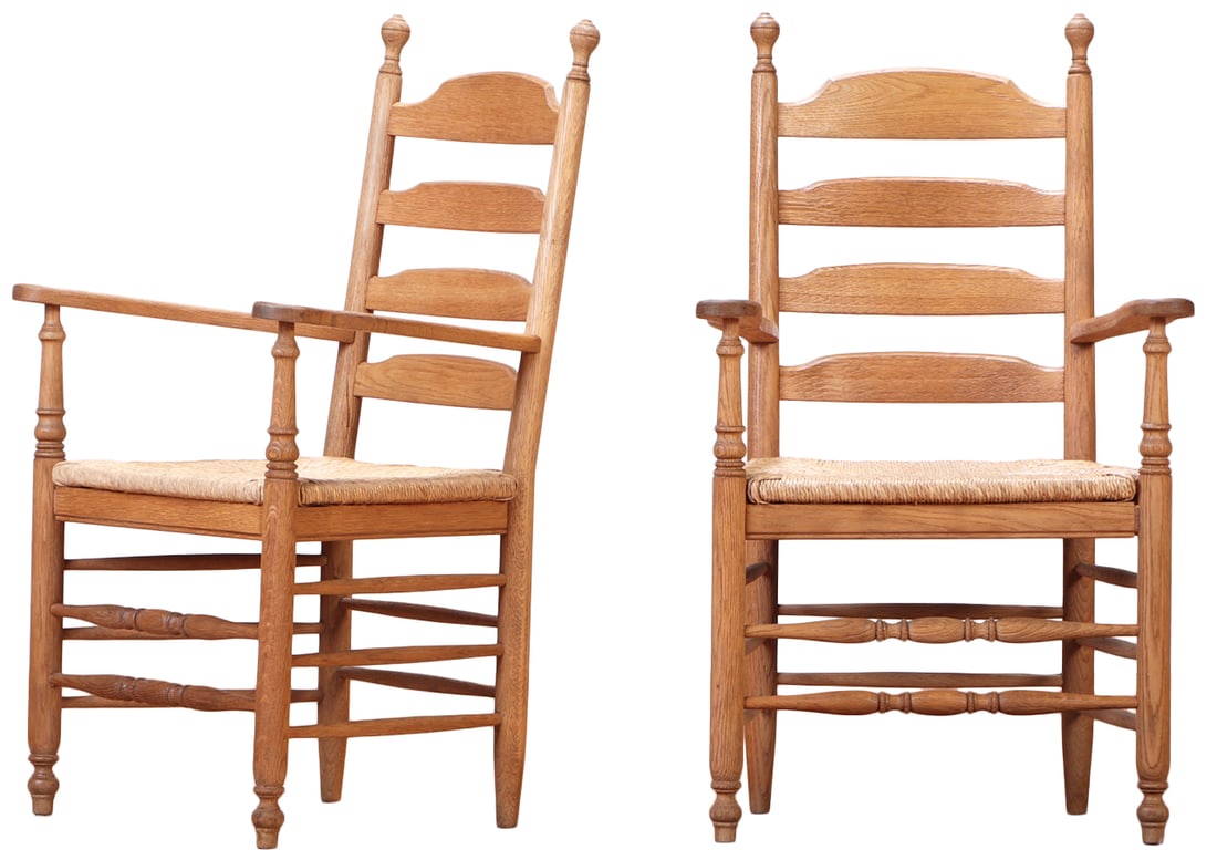 PAIR OF FRENCH TURNED OAK AND RUSH ARM CHAIRS C 1950. (1 of 8)