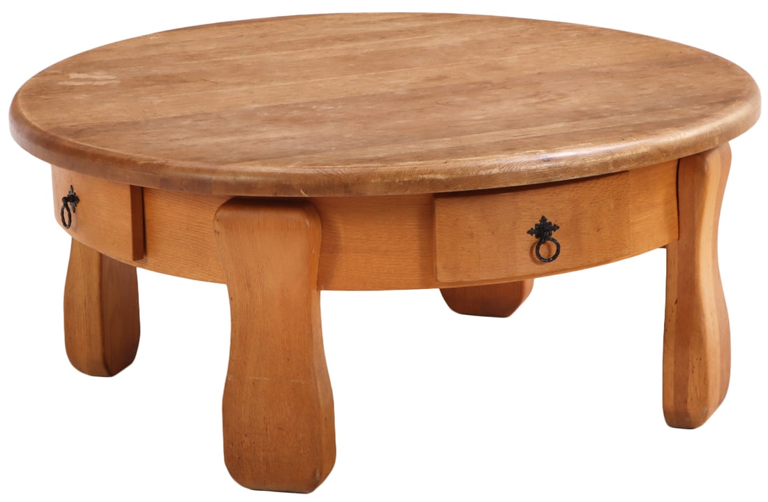 FRENCH BRUTALIST STYLE ROUND OAK COFFEE TABLE HAVING FOUR DRAWERS C 1970. (1 of 4)