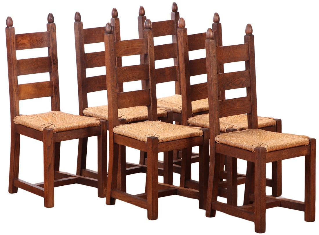 SIX BELGIAN BRUTALIST STYLE OAK AND RUSH DINNG CHAIRS HAVING PEGGED CONSTRUCTION C 1960. (1 of 7)