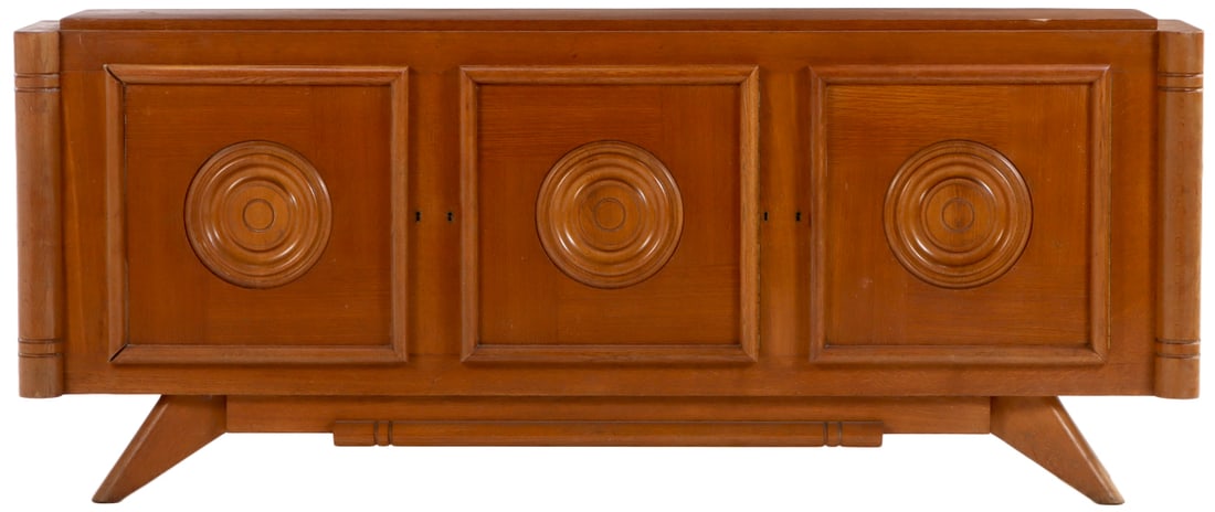 FRENCH OAK SIDEBOARD HAVING THREE DOORS WITH CIRCULAR DESIGN C 1940. (1 of 8)