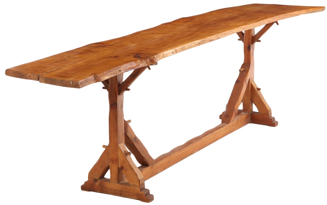 LARGE FRENCH BRUTALIST STYLE ARCHITECTURAL ELM CONSOLE TABLE C 1965. TOP HAS LARGE OVERHANG AND (1 of 6)