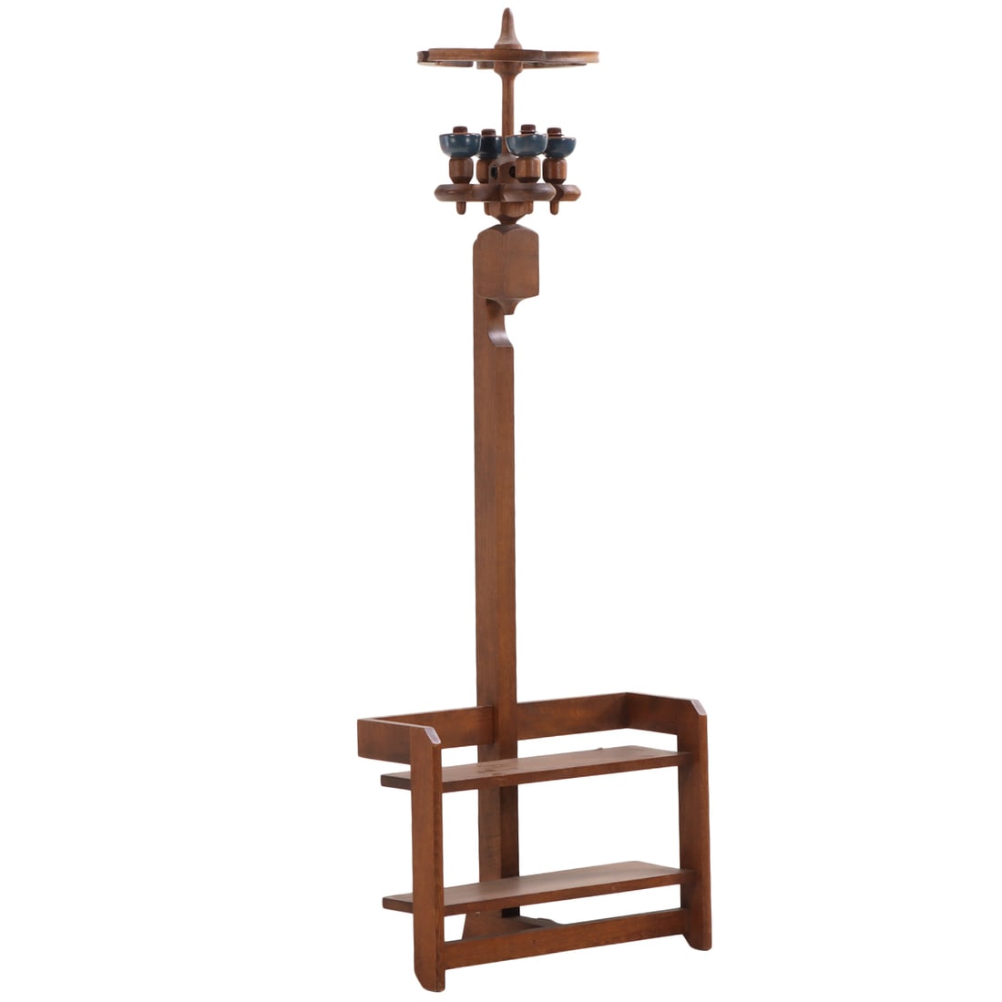 OAK AND CERAMIC FLOOR LAMP BY GUILLERME AND CHAMBRON C 1970.: Oak and ceramic floor lamp by Guillerme and Chambron C 1970. Ht: 73.5" Wd: 27" Dpth: 19.75"